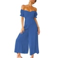 thumbnail image 4 of SAYOO Women Loose Jumpsuit, Solid Color V-neck Puff Short Sleeve Wide Leg One-piece Clubwear for Summer, 4 of 9