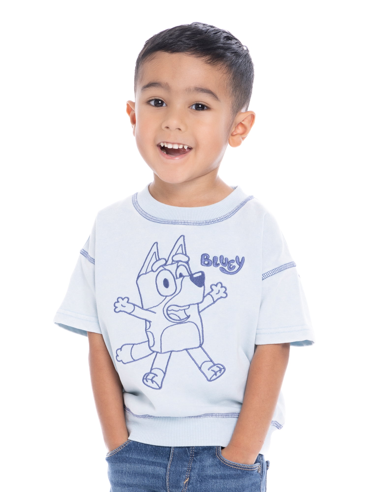 Bluey Toddler Boy Embroidered Graphic Short Sleeve Crewneck Sweatshirts, Sizes 12 Months- 5T