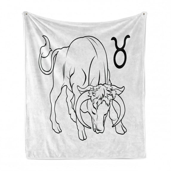 Zodiac Taurus Soft Flannel Fleece Throw Blanket, Hand Drawn Style Bull Outline with Horoscope Sign Monochrome Design, Cozy Plush for Indoor and Outdoor Use, 50" x 70", Black and White, by Ambesonne