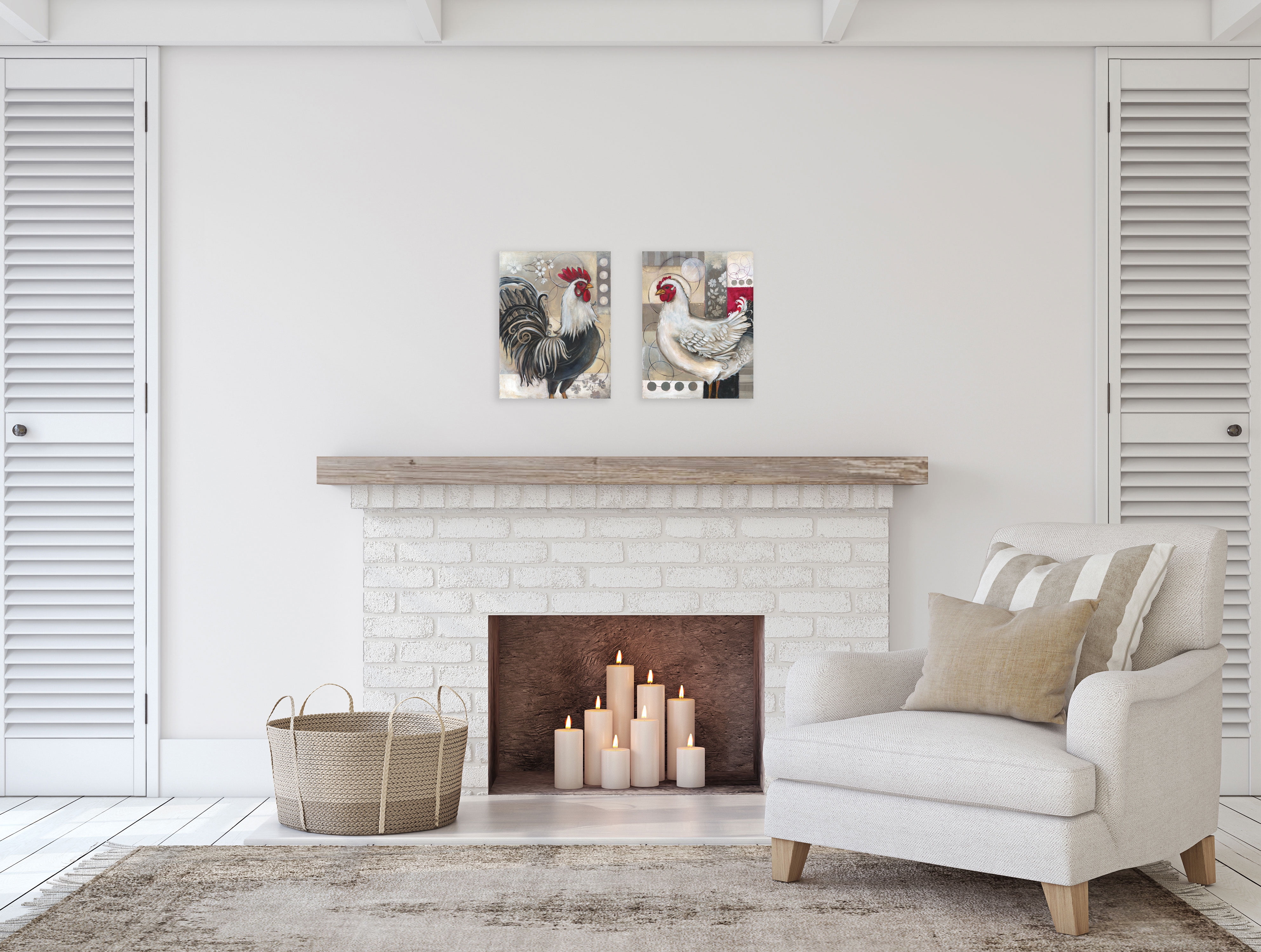 Gango Home Decor Contemporary Rooster and Chicken Kitchen Wall Art; Two