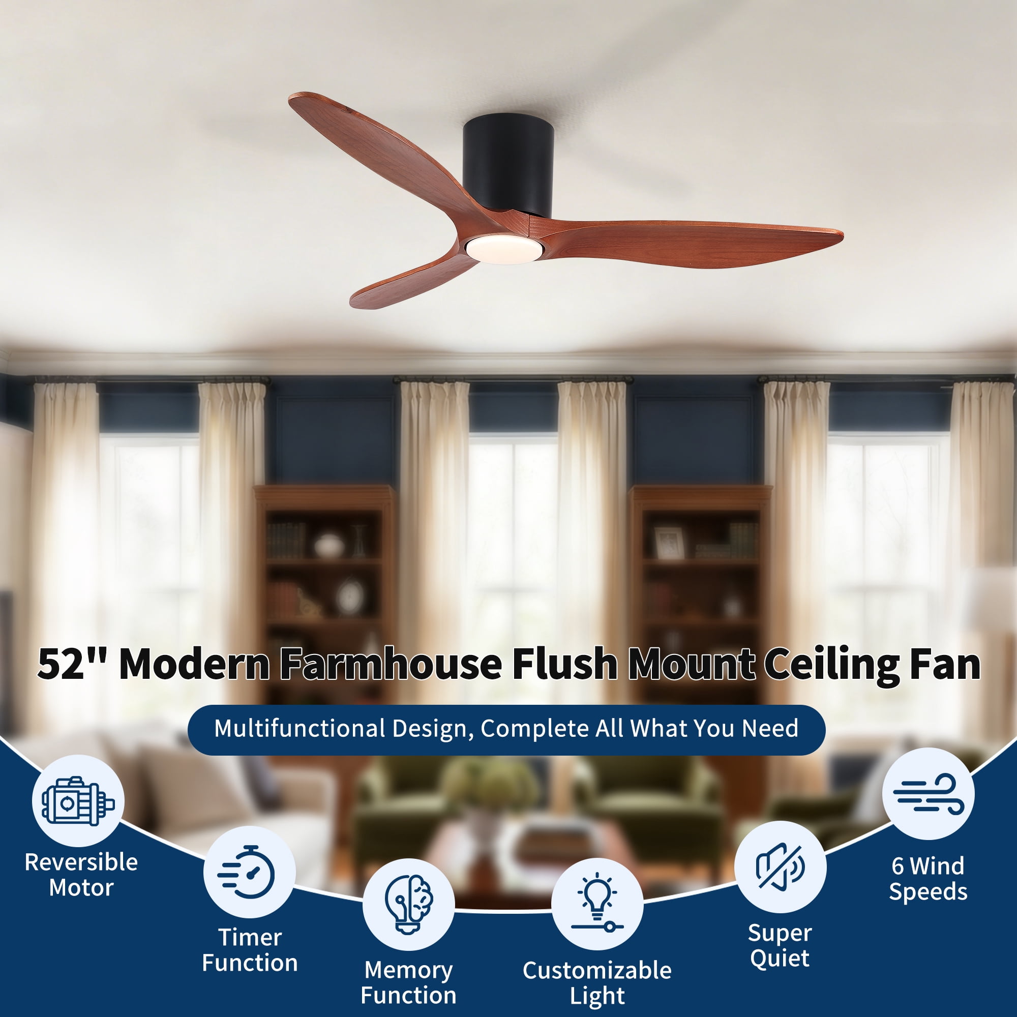 Leumius 52" Mordern Farmhouse Retro Solid Wood Low Profile Flush Mount Ceiling Fan with Light and Reversible Quiet Motor for Living Room Bedroom