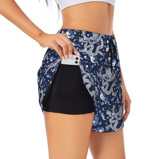 Balery Dragon Pantalones cortos deportivos para mujer con forro y dos bolsillos, elásticos, para entrenamiento, gimnasio, yoga-Large