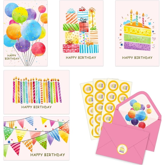 Happy Birthday Cards, 25 Watercolor Birthday Cards Assortment, Assorted Blank Birthday Cards Bulk with Envelopes & Stickers for Birthday Party