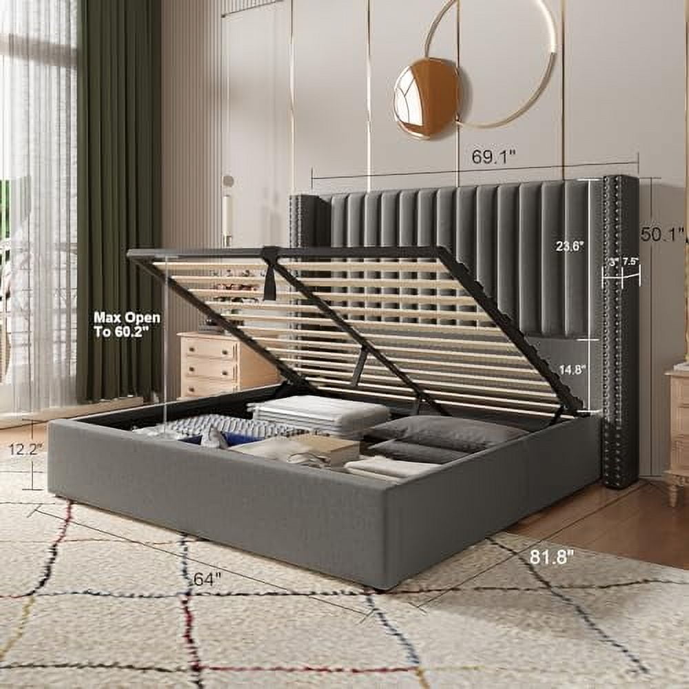 VanAcc Lift up Storage Bed Frame Queen Size, Upholstered Platform Bed Velvet with Channel Tufted Wingback Headboard, No Box Spring Needed, Gray