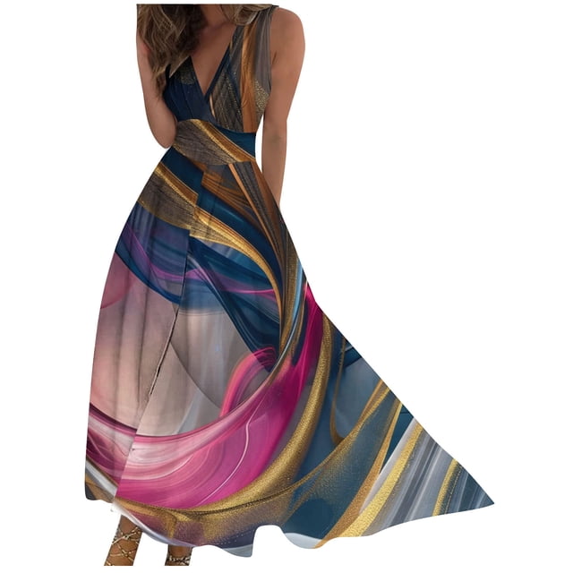 Vestido Corto de Verano de Moda sin Mangas con Cuello en V Impreso Vestido Casual Grande Del Doblado para Diario