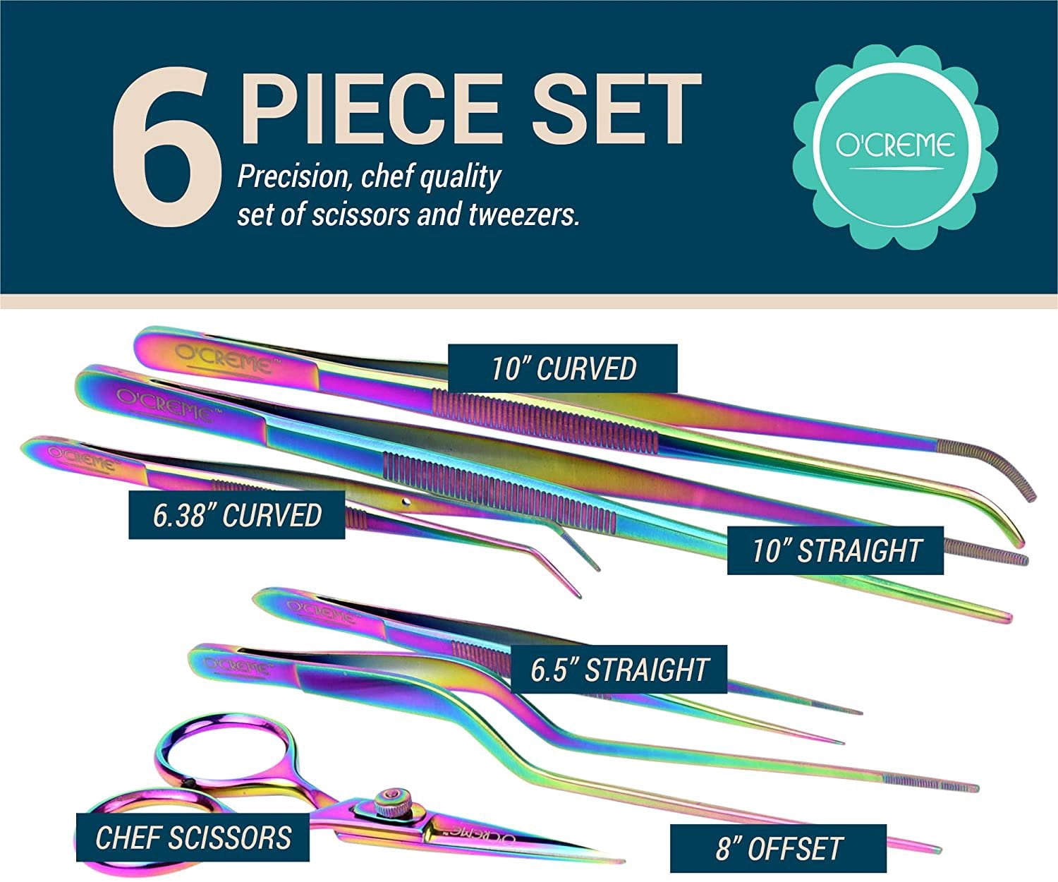 O'Creme Set of Culinary Tweezer Tongs Offset, Straight and Curved, Plus Super Sharp Chef Scissors, Total 6 Pieces Multicolored