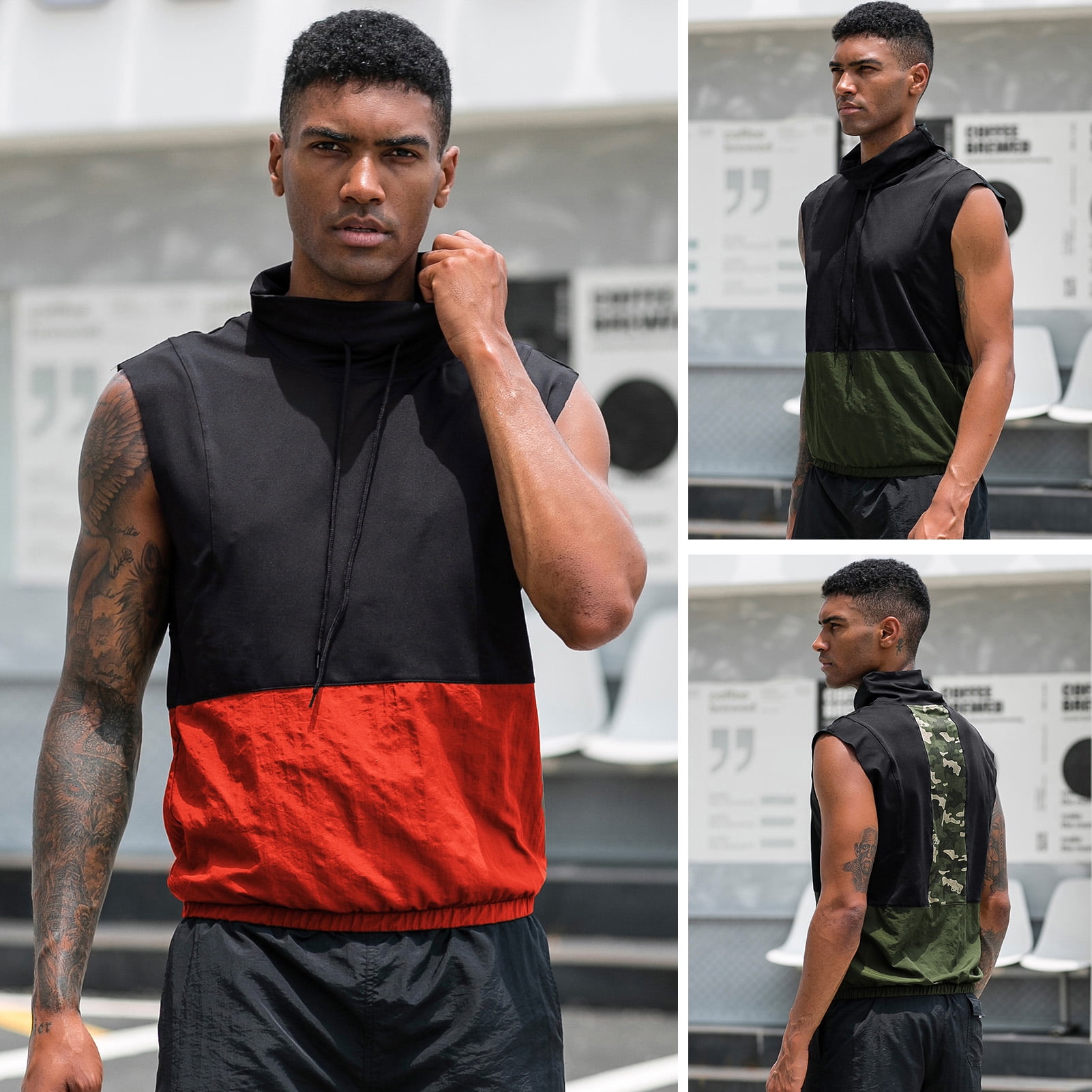 Tignapoo Gilet de Sport Sans Manches pour Homme avec Design Color Block et Imprimé Camouflage, Col Montant, Détails à Cordon, Tissu Extensible et Respirant à Séchage Rapide, Taille Asiatique 2TG - Noir/vert