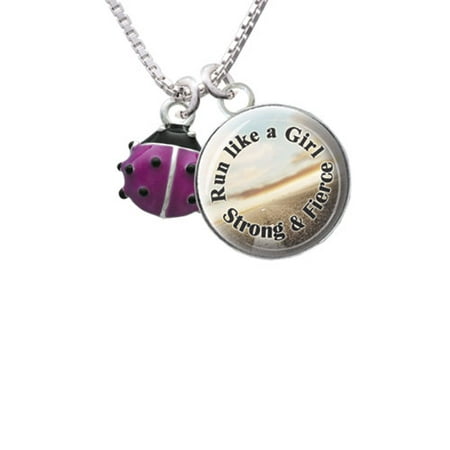 Mini Hot Purple Ladybug Run Like a Girl Glass Dome Necklace, 18