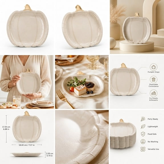 DEEPCRAFF 10Pcs White Disposable Pumpkin Paper Plates for Festival Party Decoration and Serving