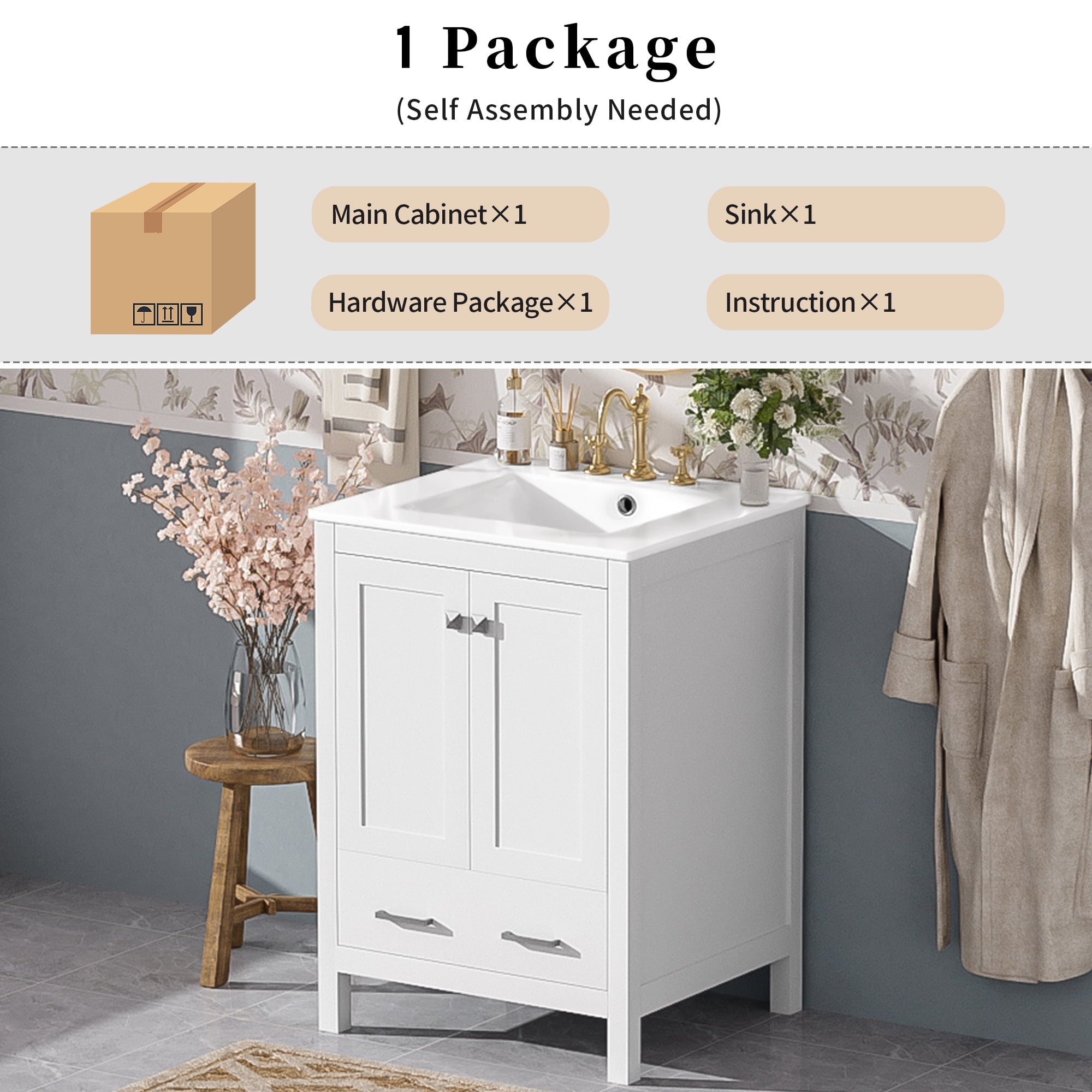 24" Bathroom Vanity with Integrated Ceramic Sink, 2 Doors with Shelves and Divider Drawer, White Finish for Organization