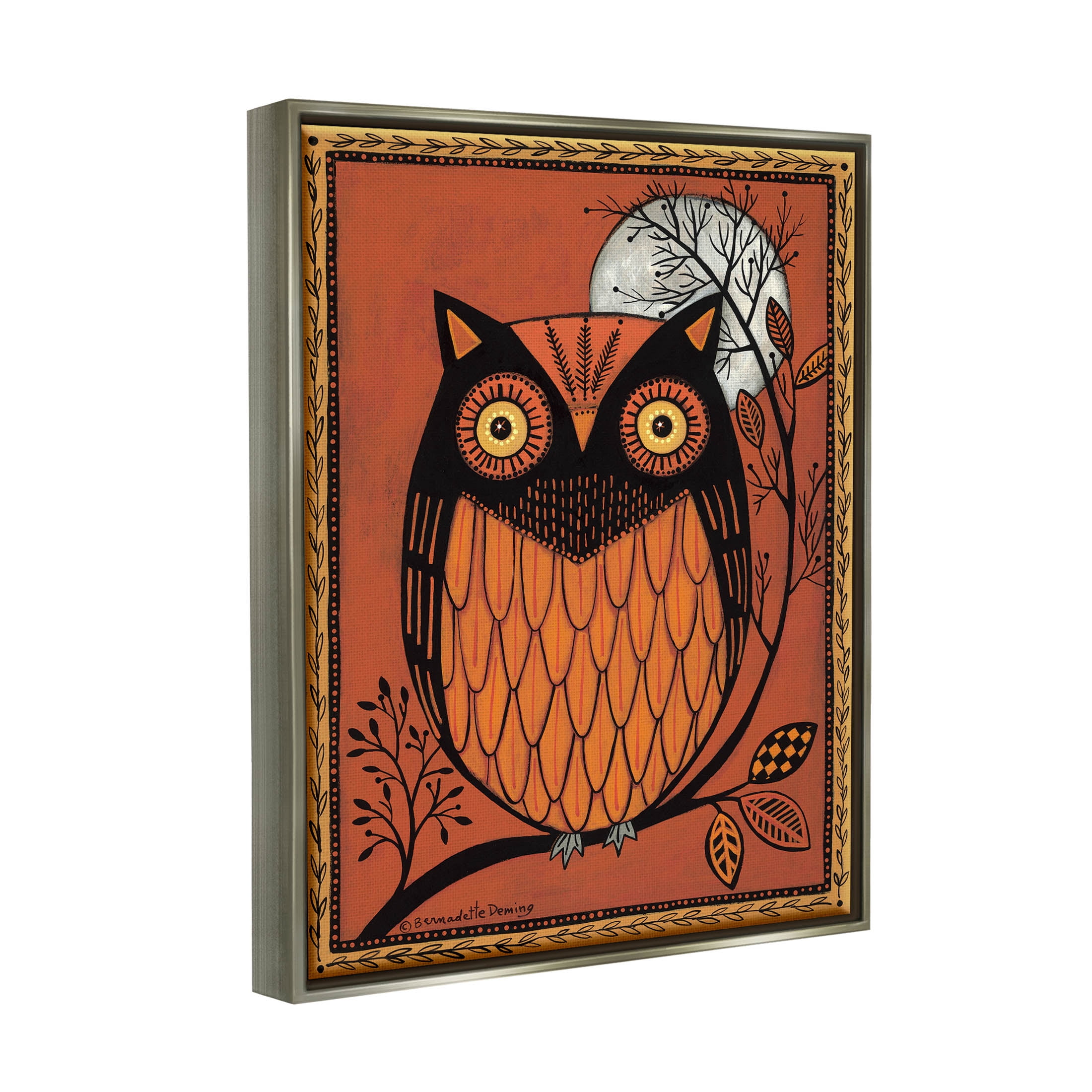 Round Owl Autumn Botanical Border Holiday Graphic Art Luster Gray Framed Art Print Wall Art