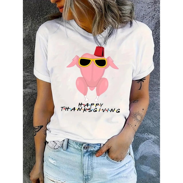 Lunettes Créatives Motif Dinde Imprimé Mode Col Rond Manches Courtes, T-Shirt de Sport Simple et Décontracté, Haut d'Été Confortable pour Femmes pendant les Vacances. Fête des Pères, Fête des Mères, Nouveau
