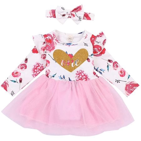 

ZOELNIC Toddler Baby Girl Ruffle Long Sleeve One Piece Dress Floral Tutu Skirt with Bowknot Headband Outfits Pink#1 12-18 Months