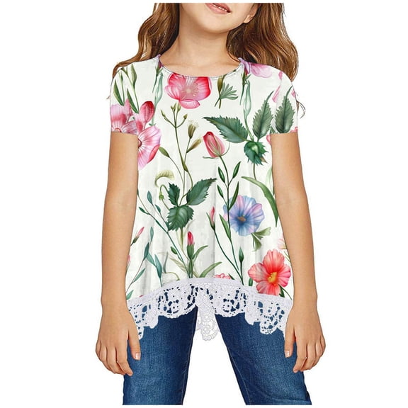 Aboser Girls Bohemia Graphic T Shirts Size 10-12 Summer Children Cute Floral T-shirts Kids Girls Fashion Short Sleeve Tops Cute Casual Crewneck Blouse Tees
