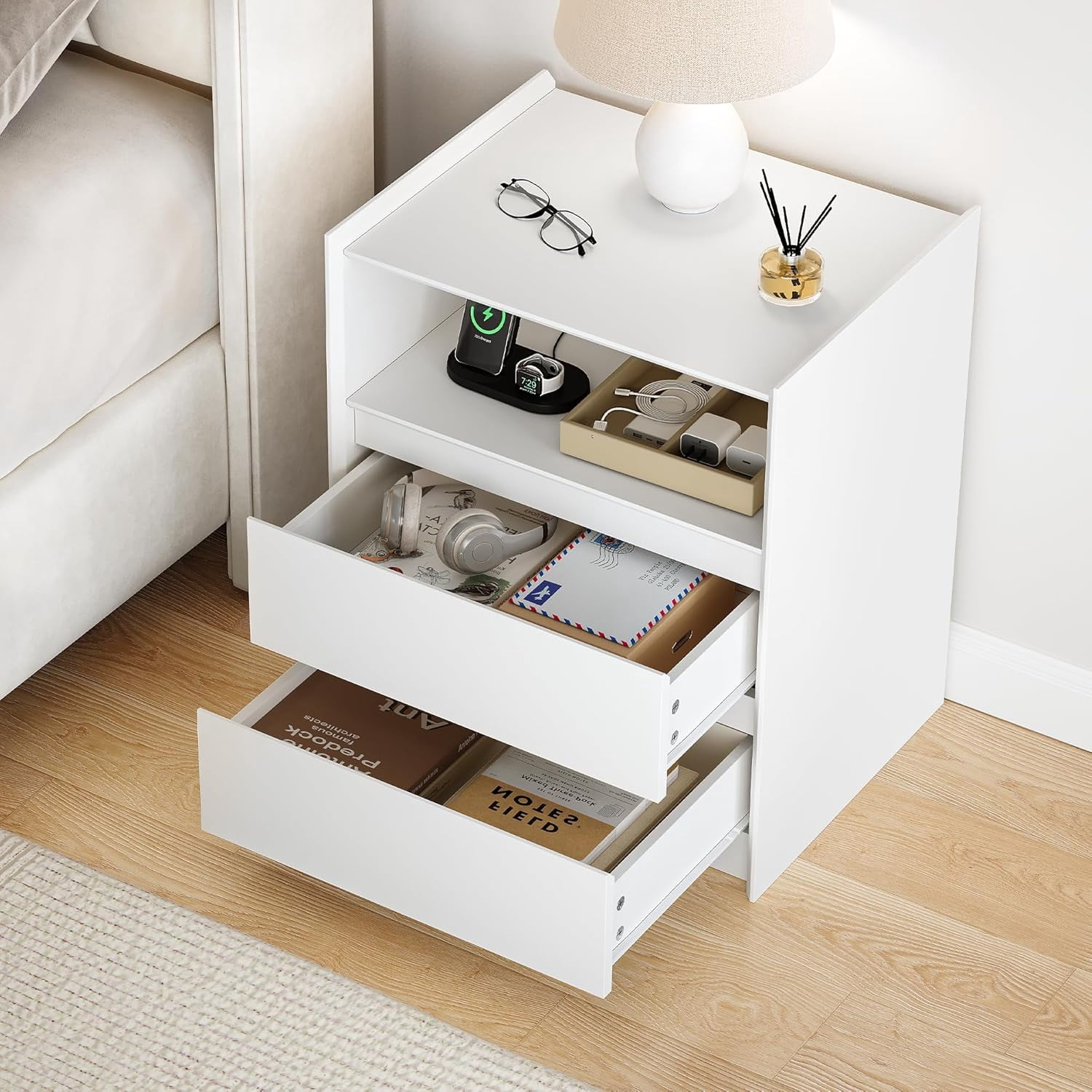 2 Drawers White Nightstand with Charging Station, 24" Tall Bedside Table End Table for Bedroom or Living Room