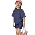 thumbnail image 2 of CPNG Girls Two Piece Sets Kids Solid Color Round-Necked Short Sleeve T-shirt and Elastic Waist Tight Shorts Summer Outfits(Navy,3-4 Years), 2 of 6