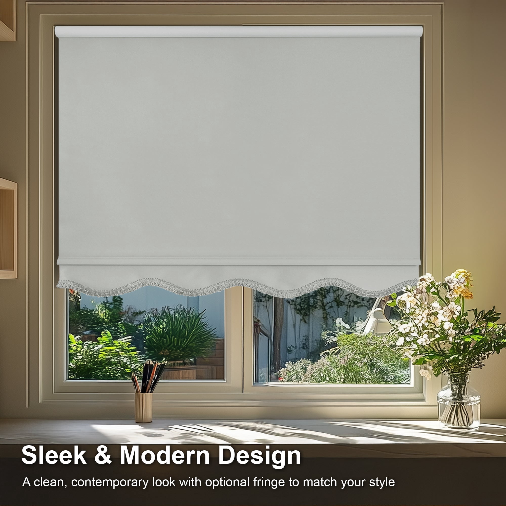 Chicology Blackout Roller Shades with Fringe | Cordless Light Filtering Window Blinds |26"W X 64"H| Decorative Privacy Shades for Home & Office | Easy Install | Gray