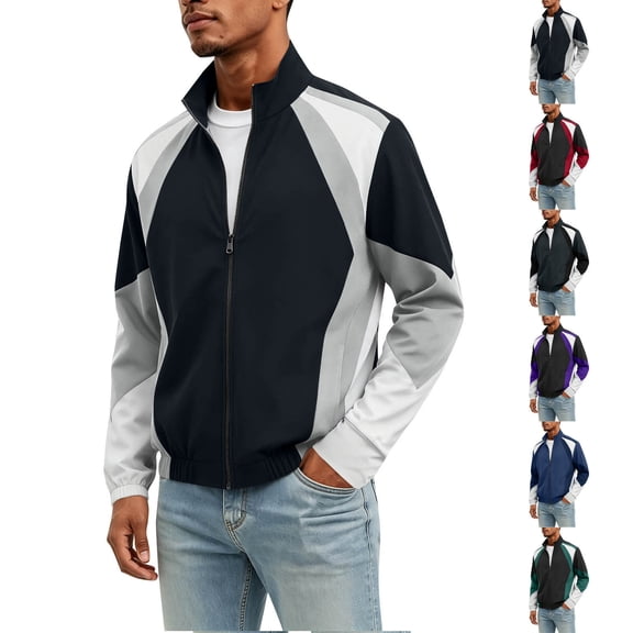 Umfun Full Zip Track Jackets for Men Casual Color Block Sportswear Stand Collar Lightweight Coat with Elastic Cuffs for Fall
