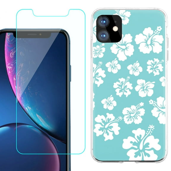 For Apple iPhone 11 Case , Slim-Fit TPU Protective Phone Case with Tempered Glass Screen Protector, by OneToughShield ® - Hibiscus Teal