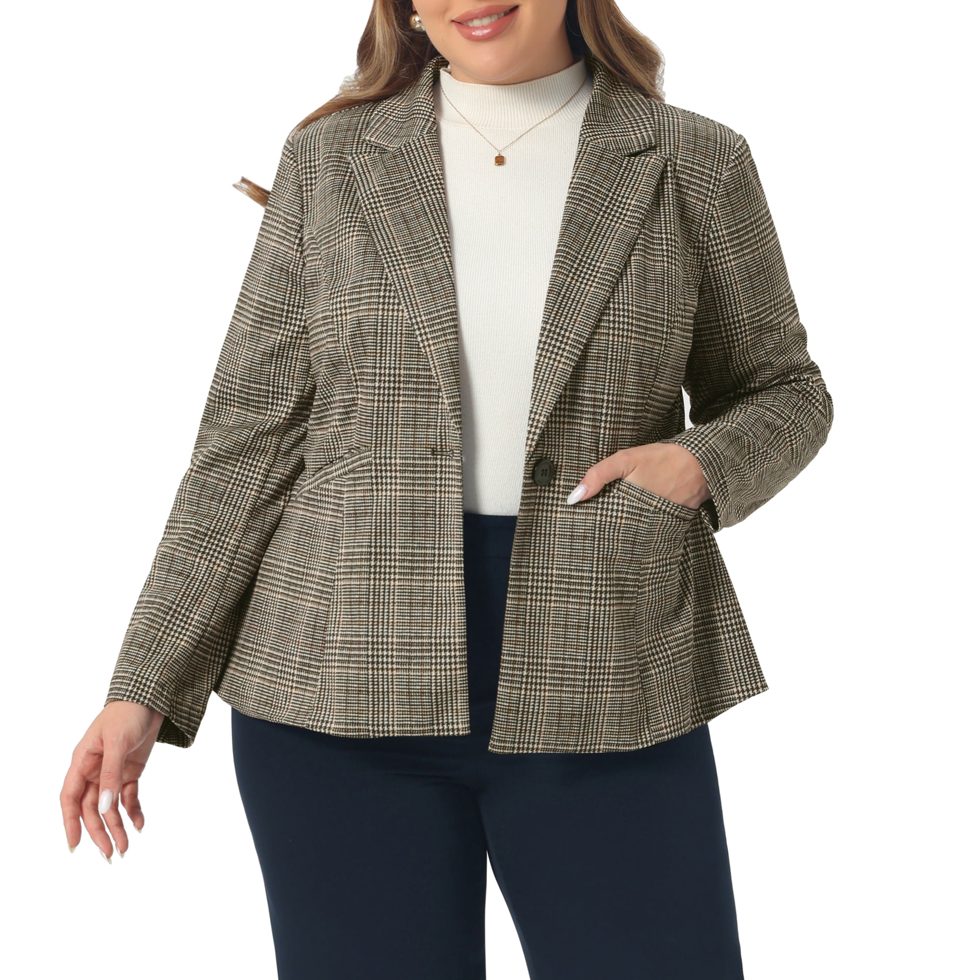 DARING DIVA Women's Plus Casual Plaid Notched Lapel Button Jacket 2X Brown