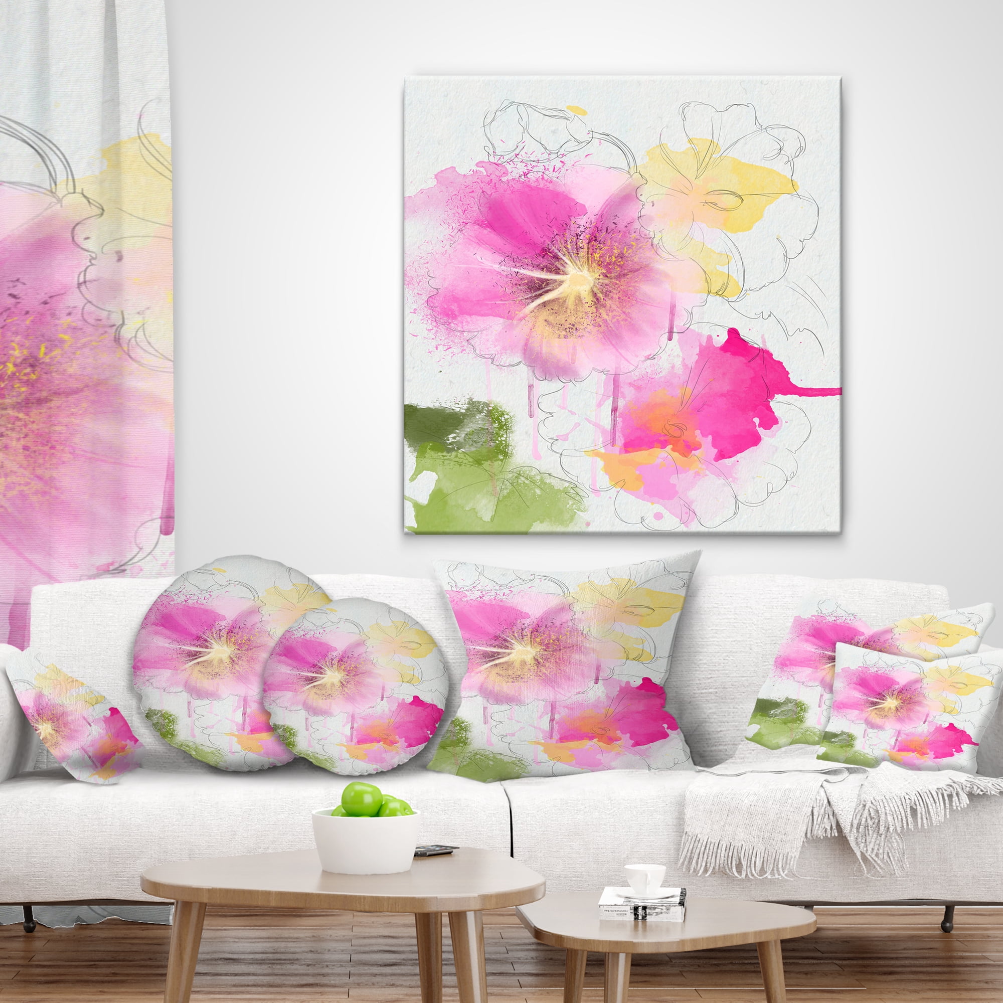 Designart Light Pink Flowers Watercolor - Floral Throw Pillow - 18x18
