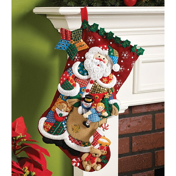 Bucilla 18Inch Christmas Stocking Felt Applique Kit, 86202 Patchwork Santa