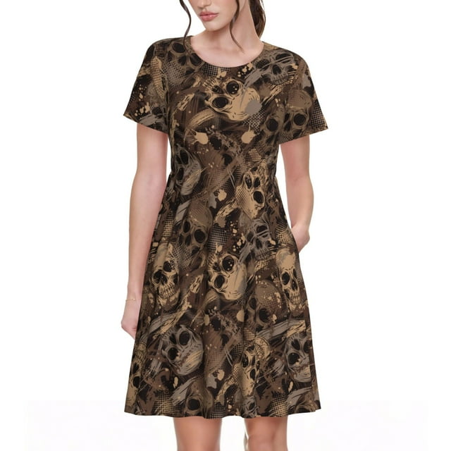 Disketp Brown Camouflage Skull para Vestido de Manga Corta para Mujeres, Vestidos de Verano para Mujeres, Casual y Holgado para la Playa