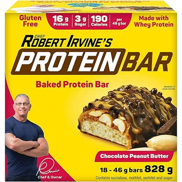 Chef Robert Irvine's Protein Bar, Whey Protein Baked Bar, Gluten Free (18 Count, Chocolate Peanut Butter)