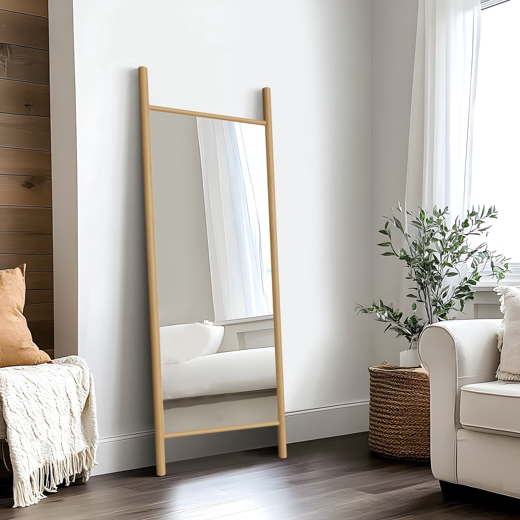 63"x24" Wood Full Length Mirror Ladder Rectangle Floor Mirror, Natural