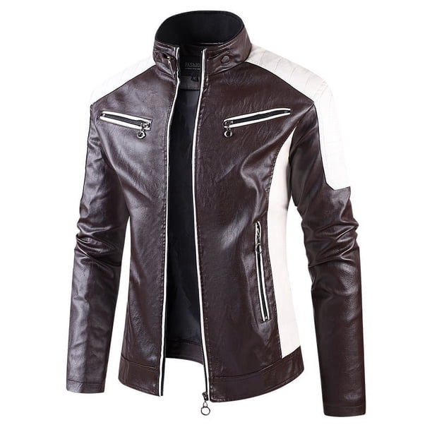 Chaqueta de cuero con cuello de color Chaqueta de moto Chaqueta de cuero fina informal de primavera y otoño para hombre