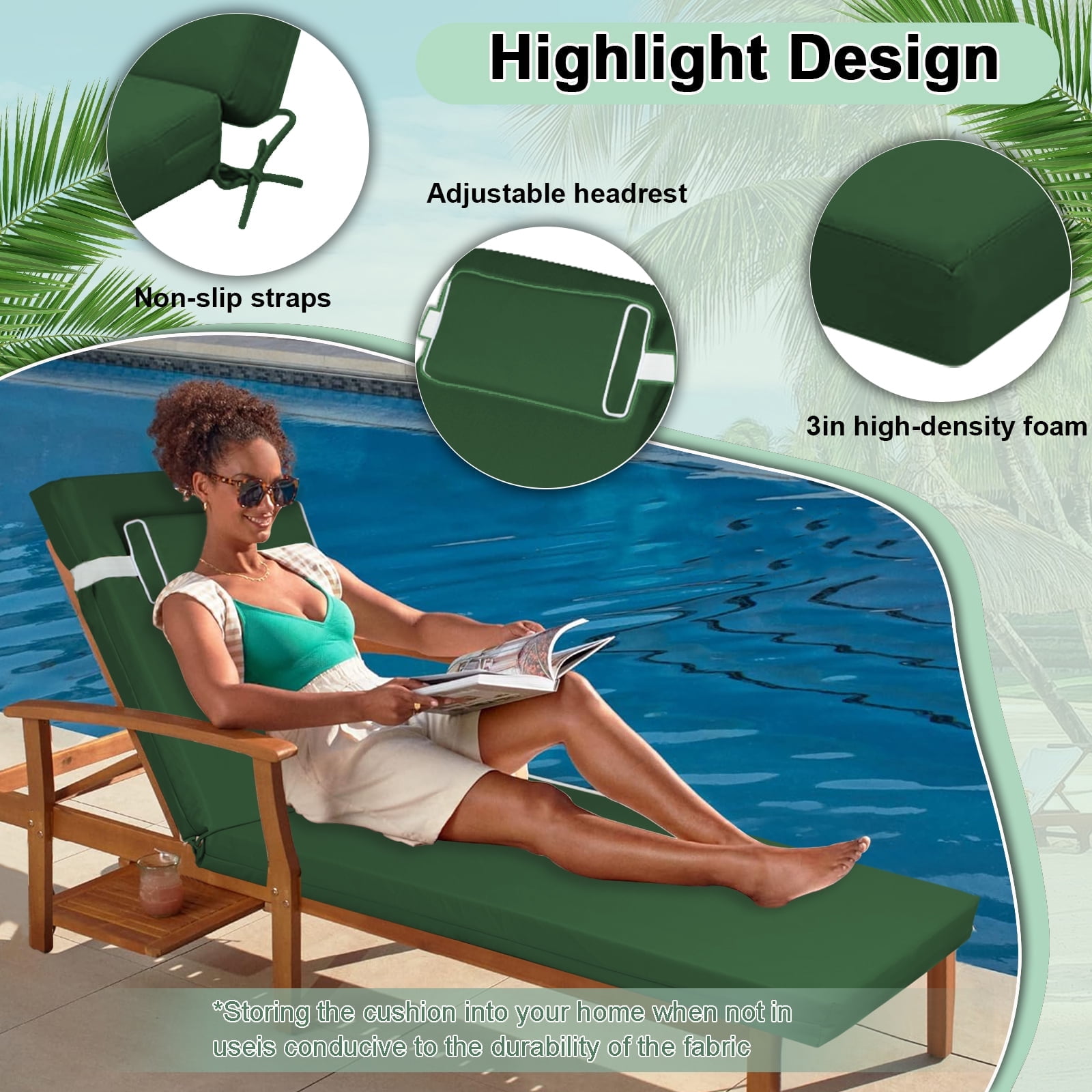 DTTRA Chaise Lounge Cushions Outdoor, 72 x 21 x 3 Inch, Waterproof Lounge Chair Cushion for Outdoor Furniture, Patio Lounger Pads with Removable Cover Ties Pillow for Pool, Garden Loungers