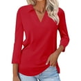 thumbnail image 2 of Cuekondy Red Womens Blouses Women's 3/4 Sleeve T Shirts Summer V Neck Shirts Collared Casual Basic Tees Blouse Summer Tops Size M, 2 of 4