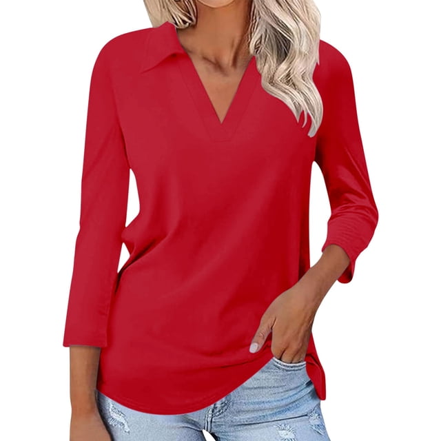 WTXUE T-Shirts à Manches Longues, Chandails à Col Rond pour Femmes à Manches 3/4 T-Shirts d'Été à Col en V Chemises à Col en Coton Uni, T-Shirts Chemises en Lin Hauts Décontractés pour Femmes Red L