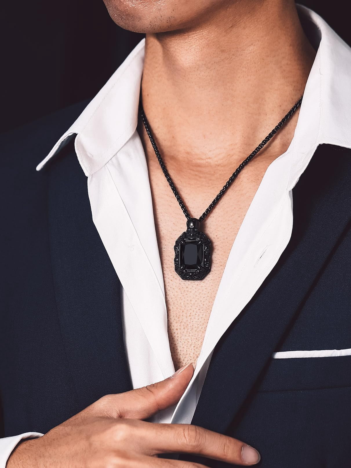 Bandmax Gothic Style Men Black Stainless Steel Necklace Skull Pendant for Men Women Black Onyx Pendant Biker Necklace Gift