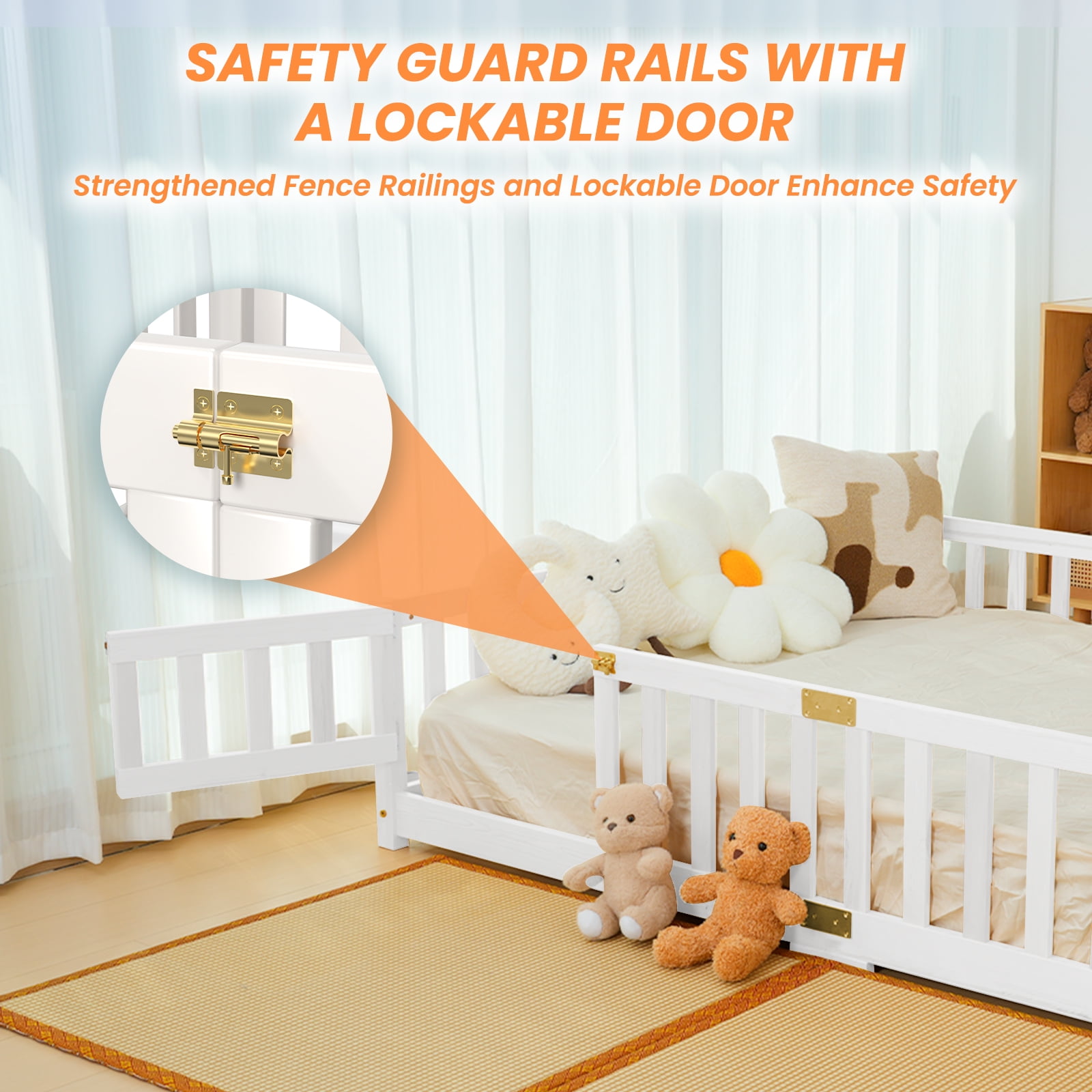 Slsy Full Size Toddler Floor Bed,Solid Wood Montessori Bed Frame with Fence & Door Montessori Floor Bed Crib with Safety Guardrails for Girls and Boys