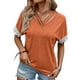 thumbnail image 1 of Blusa holgada de manga corta con escote en V y ribete de encaje de color naranja para mujer de verano, 1 of 6