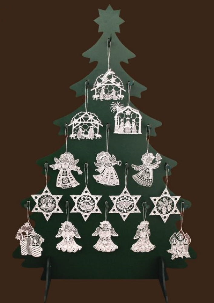 225 German Lace Christmas Tree Ornaments with Wood Display Tree Nativity Angel