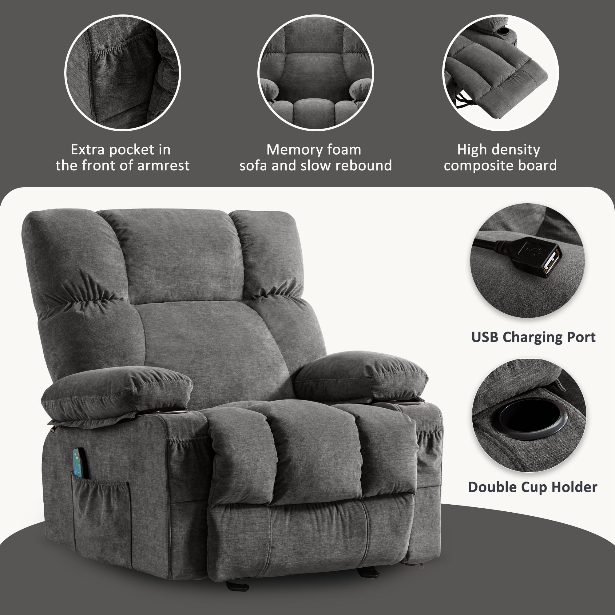 JONPONY Manual Recliner Chair with Heat Therapy and Massage Function, Heavy Duty Reclining Mechanism Massage Chair, Elderly Single Rocker Sofa with Cup Holders for Bedroom Home Theater,Grey