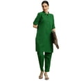 thumbnail image 2 of eloria Women's Fashion Solid Collared Neck Design Kurti WithTrouser, Fabric : Cotton, Color : Green, Size : X-Small, 2 of 5