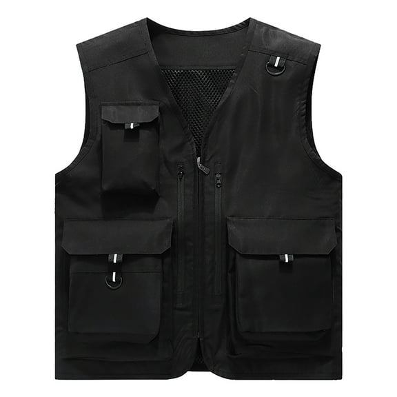 Men's Casual Solid Vest Coat Stand Collar Multi-Pocket Sleeveless Zipper Jacket - Polyester Spandex, Versatile for Fishing & Travel