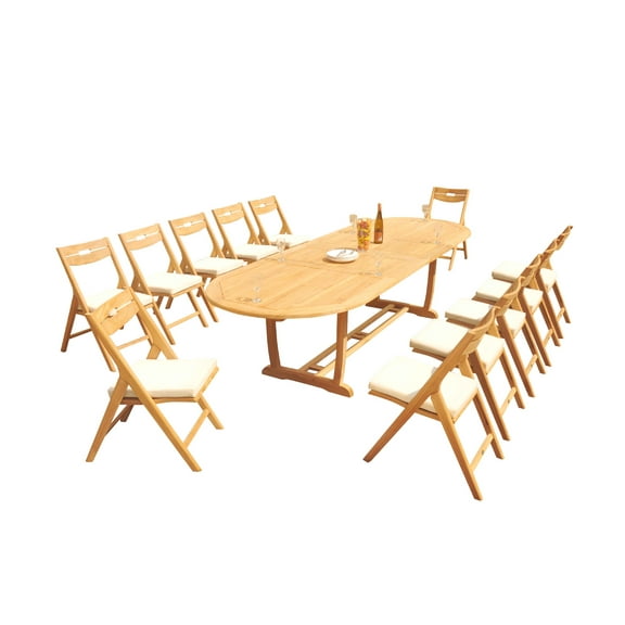 Grade-A Teak Dining Set: 12 Seater 13 Pc: 118" Mas Oval Trestle Leg Table And 12 Surfliner Folding Reclining Arm Chairs WholesaleTeak #51SL2713
