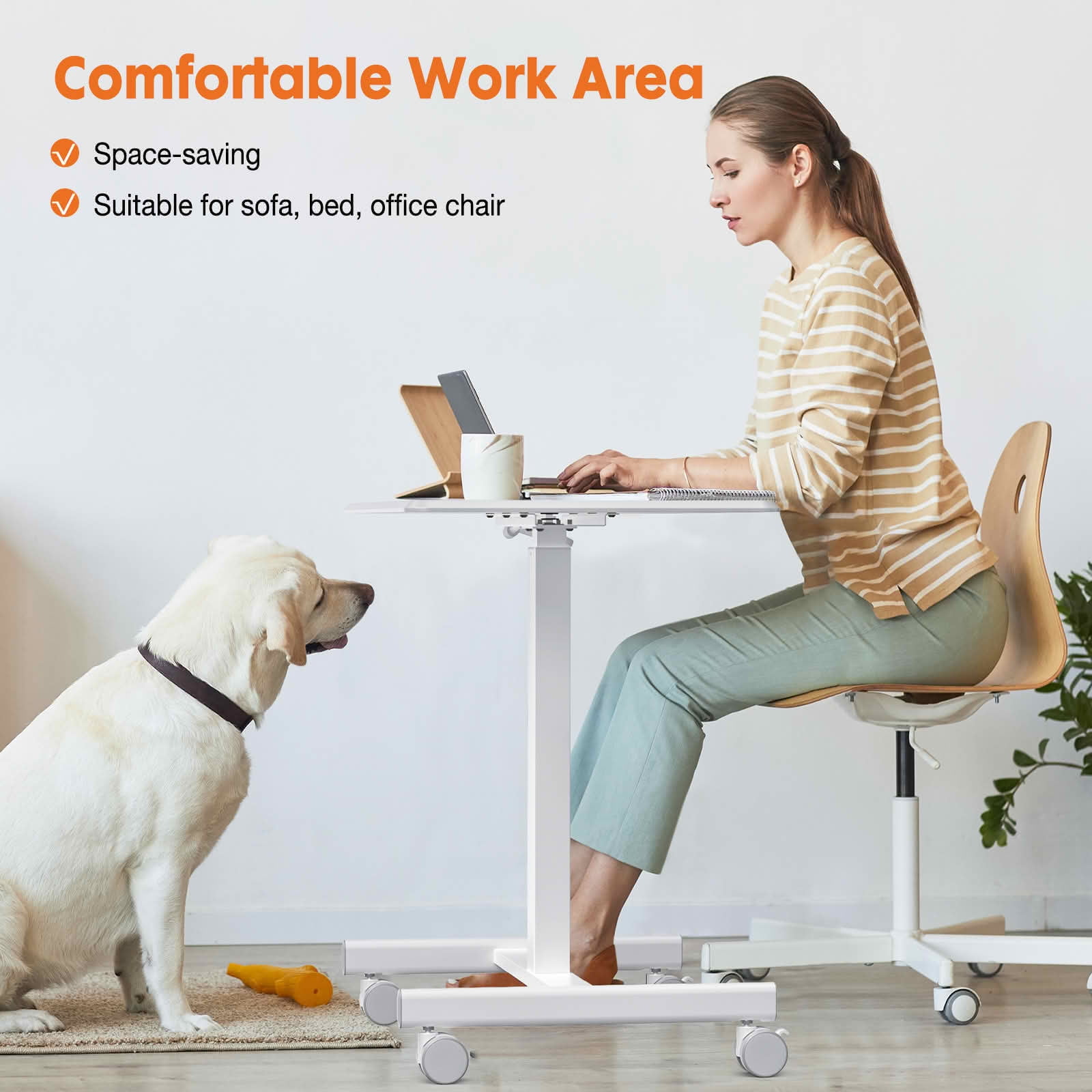 MAYEERTY Adjustable Rolling Laptop Desk Cart, Overbed Computer Table, Home Office Classroom, White