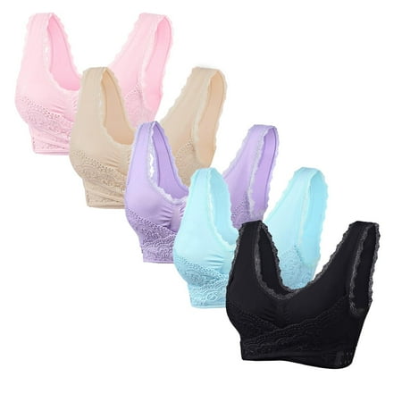 ATOYSOY Wireless Bra for Women 5 Pack  Thin Lightly Lace Splicing Everyday Bra Multi Pack Ruched Athletic Tank Tops Clearance Bralette Underwear Workout Push Up Bra Black M
