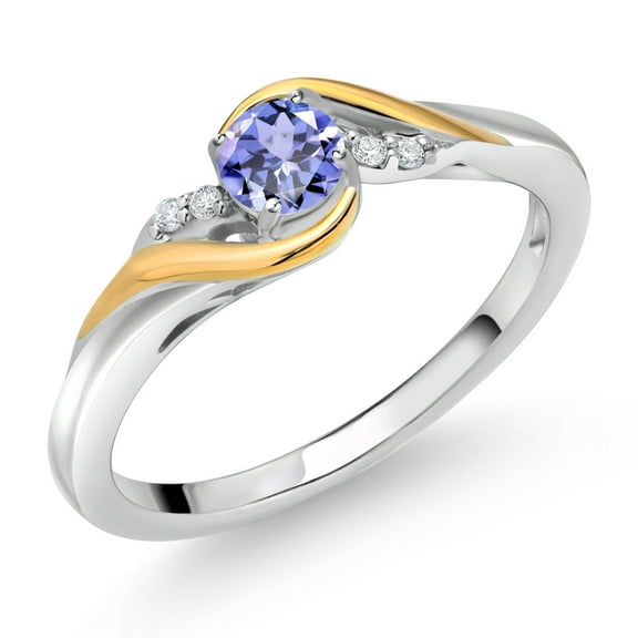 Gem Stone King 925 Sterling Silver and 10K Yellow Gold Round Blue Tanzanite and White Lab Grown Diamond Engagement Ring for Women (0.33 Cttw, Gemstone Birthstone, Size 5)