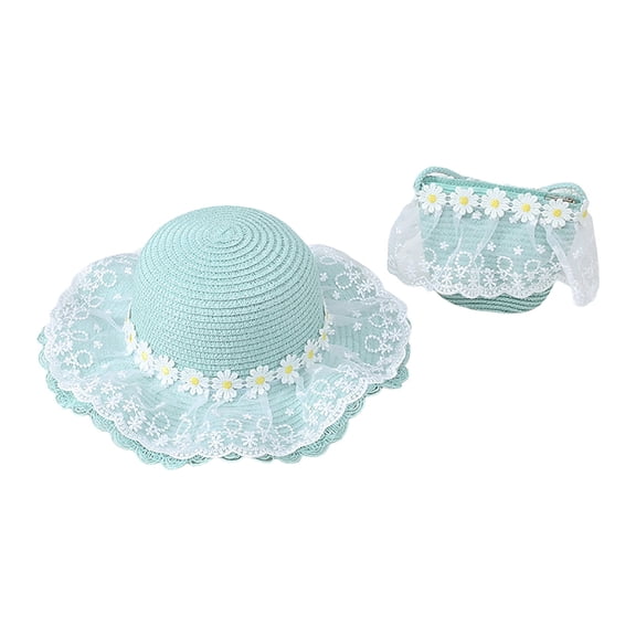 Zanarzt Sun Hats for Kids Toddler Girls Straw Hat and Shoulder Bag Set Daisy Flower Beach Cap Wide Brim Summer Sun Hat Foldable Hat Green,One Size