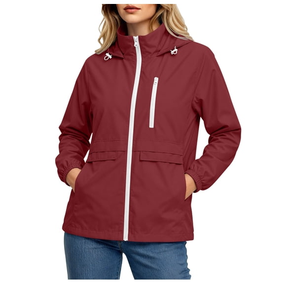 vdgthytj Womens Rain Jacket Windproof Drawstring Hooded Jackets Lightweight Waterproof Solid Travel Hiking Outwear with Pockets(X-Large,Red)