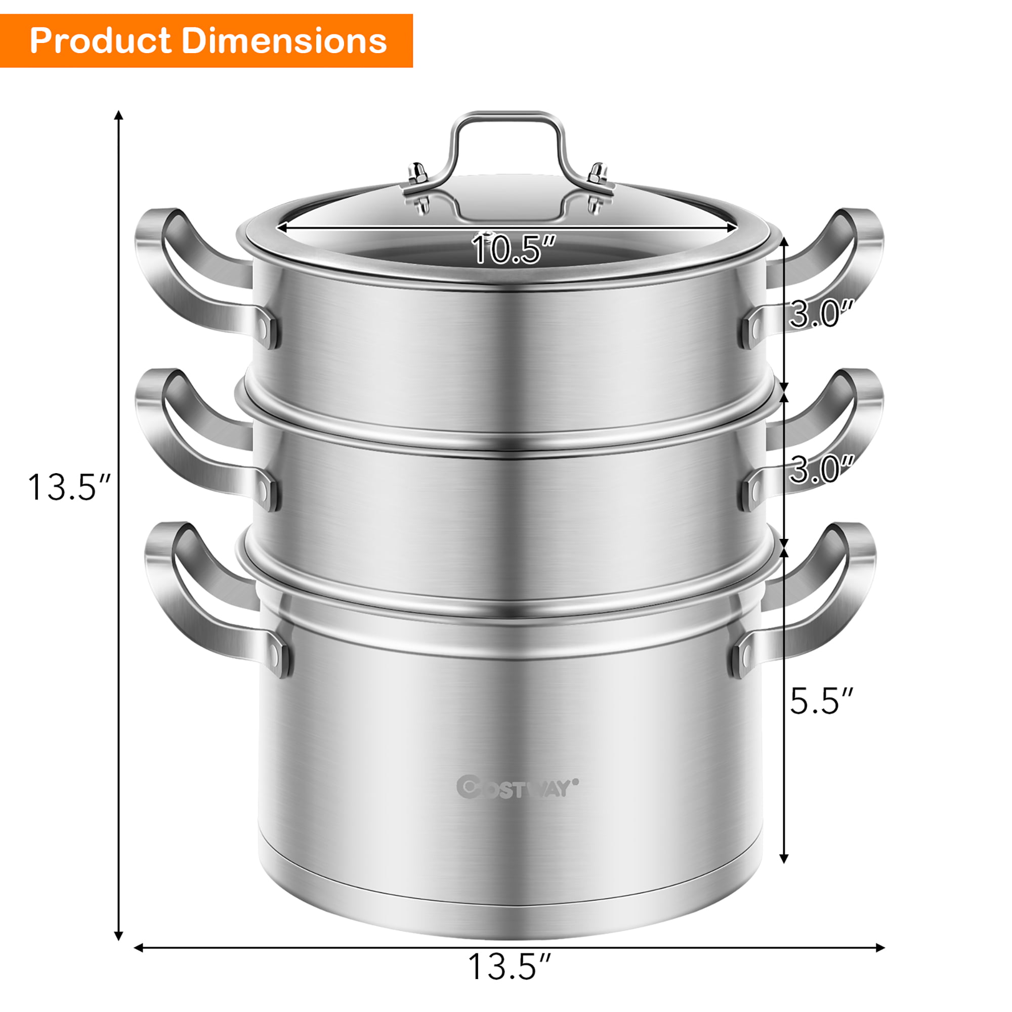 COSTWAY 2-Tier Stainless Steel Steamer, 11-Inch Multi-Layer Boiler Pot with  Handles on Both Sides, Cookware Pot with Tempered Glass Lid, Work with