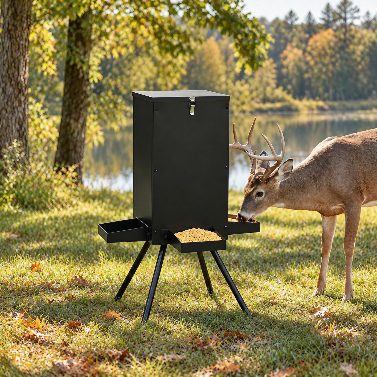 RUIE Gravity Deer Feeder with 4 Feeding Trays and 4-Leg Stand 90LB Black 26 x 26 x 36 Hopper Overall Galvanized Steel Construction