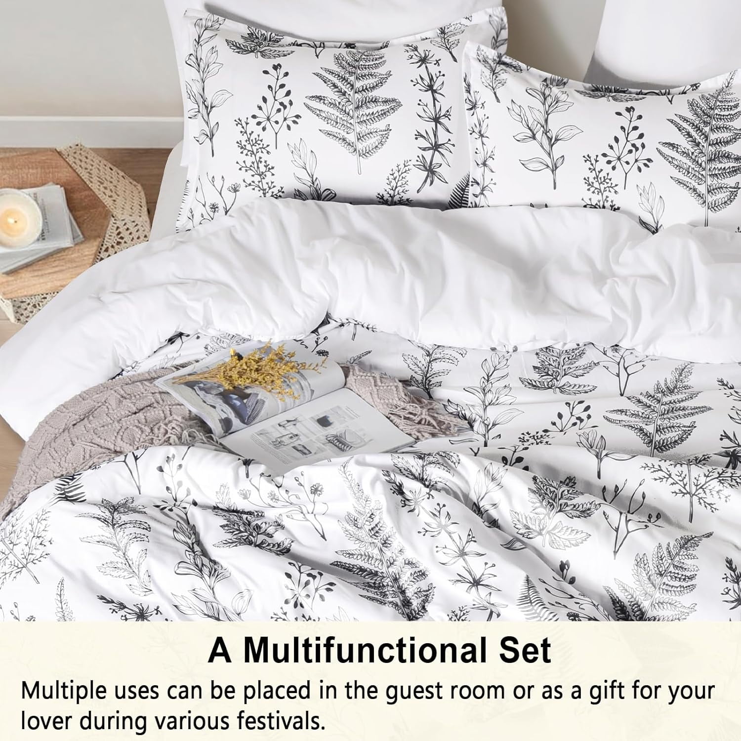 PHF 5 Pieces Printed Twin Comforter Set, Lightweight Reversible Botanical Bedding Set Include Comforter, Pillow Sham, Flat Sheet, Fitted Sheet and Pillowcase, White