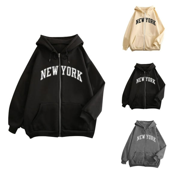 New York Hoodies for Women 2025 Long Sleeve Zip Up New York Hoodie with Pockets Hooded Sweatshirt Women Jacket